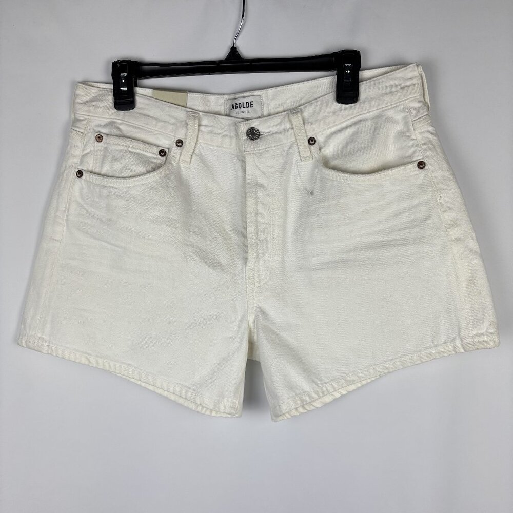 30 Agolde High Rise Short Parker Long Organic Cotton White Button Closure Denim - Picture 4 of 16